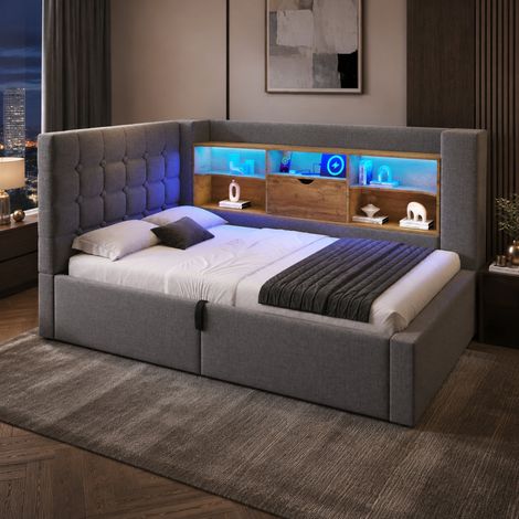 Letto singolo 90x190 cm in lino grigio con contenitore per camera - FLORAGRACE (1/5)