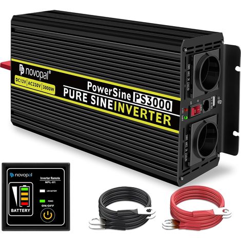 3000W Convertisseur Pur Sinus 12V 220V 230V Onduleur Transformateur 5M Télécommande,2 Prises EU AC,1USB,Convient pour Camion,Camping,Voyage,Voitures,Puissance de Pointe 6000W (1/5)