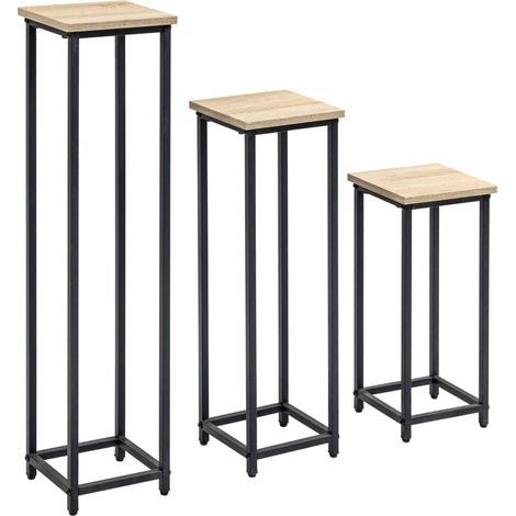 Set de 3 soportes para plantas de acero negro y efecto madera para jardín y balcón (1/5)
