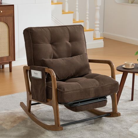 Fauteuil à bascule en velours côtelé marron avec repose-pieds, 70 x 80 x 92 cm (1/5)
