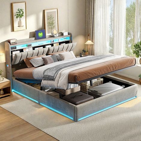 Lit adulte avec sommier lattes en métal - Lit coffre 140 x 200 - Tête de lit capitonnée en velours - Ports USB et Type-C - Bande lumineuse LED réglable - Gris (1/5)