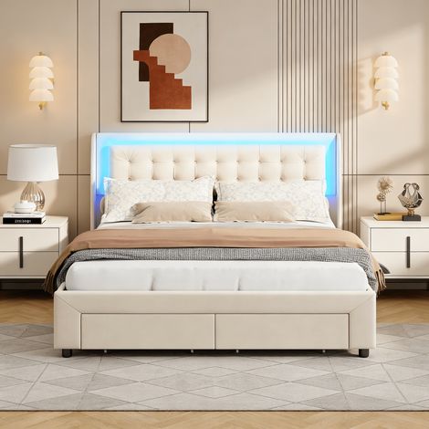Lit coffre 160x200 cm, lit 160x200 avec sommier LED, lit double capitonné avec 2 tiroirs et sommier à lattes, velours, Beige (1/5)
