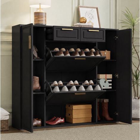 Zapatero con estantes regulables, 2 cajones, 2 puertas, negro 120 x 24 x 107 cm HAVRYA (1/5)