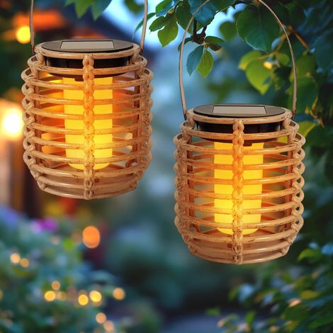 Lot de 2 mini lampes solaires aspect rotin 11 x 10 cm – Lanterne LED à suspendre ou à poser – Décoration de jardin, éclairage de fête, lanterne solaire à suspendre [Classe énergétique A]