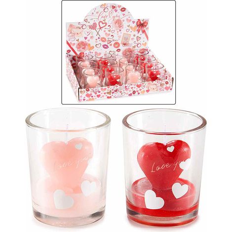 Candele a cuore con scritta Love you in vasetto di vetro in espositore, set da 12 pezzi, Ø 5,5 cm x 6,5 H