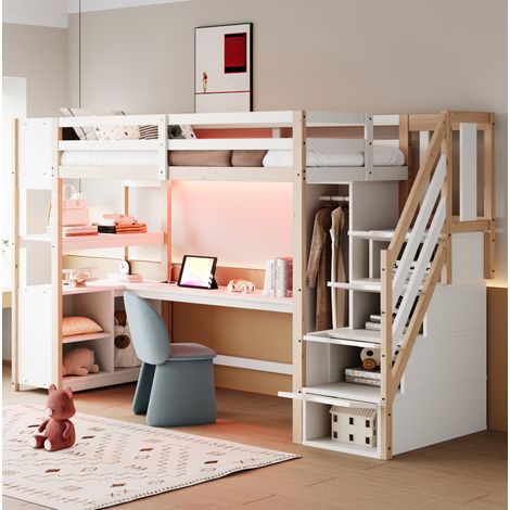 Lit mezzanine 90x200 cm en bois blanc/naturel avec bureau, armoire, LED et escalier de rangement (1/5)