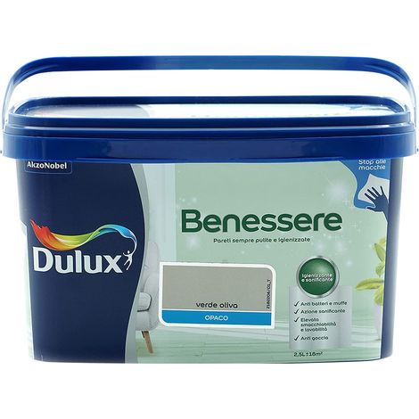 Dulux Benessere Pittura Colorata all'Acqua per Interni Superlavabile Anti Muffa Anti Batteri con Ioni D'Argento, 2.5 Litri, Verde Oliva, 2.5L (1/3)