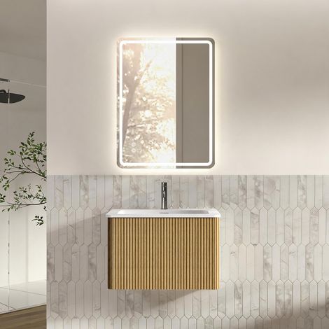 Ensemble meubles salle de bain 60 cm avec miroir LED 60x80 cm, vasque avec meuble, chêne, pré-monté (1/5)