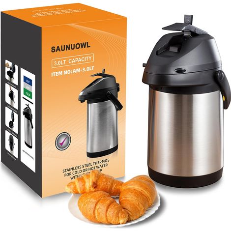 Cafetière thermos isotherme à pompe 3L thermique Bouteille Acier Inoxydable Bouilloires isolées sous vide,Isolation thermique 24 heures,pour bouilloires, théières et cafetières pour garder chaudes (1/5)