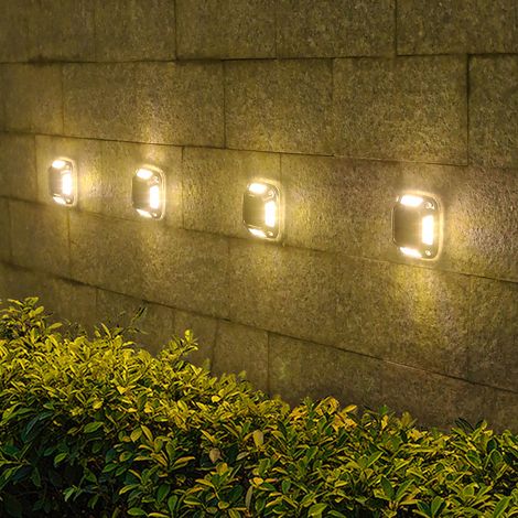 Aplique solar de pared para uso exterior, adecuado para patio, jardín, casa, balcón, terraza, escaleras, césped (luz cuadrada empotrable de acero inoxidable con 8 LED [luz cálida]) (1/5)
