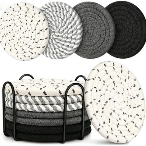Juego de 8 posavasos absorbentes con base, de algodón, que miden 11 x 11 x 7,3 cm, en color negro. (1/5)