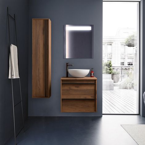 60 cm hängender Badezimmerschrank aus Maya-Walnussholz mit Waschbecken – Astoria - 60 cm Standard