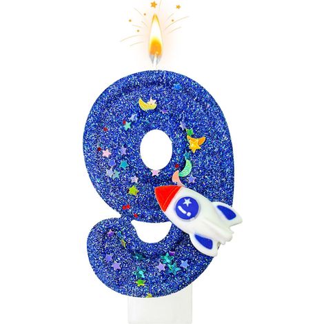 Bougie d'anniversaire chiffre 1 bleu pailleté avec fusée, décoration d'étoiles, thème de l'espace, pour anniversaire d'enfant (9 ans) (1/5)