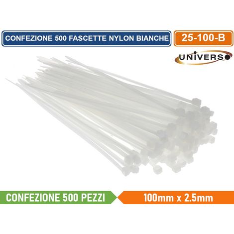 CONFEZIONE 500 PEZZI FASCETTE SERRACAVO AUTOBLOCCANTI IN NYLON BIANCO 2.5mm X 100mm (1/2)