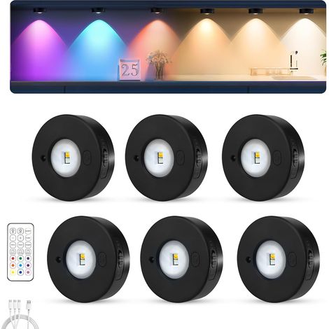 Eclairage D'armoire, Sans Fil LED Rechargeable Aimantée, 3 Températures de Couleur + 9 RGB Lumiere LED Vitrine, Dimmable Lampe de Placard pour Vitrine, Armoire, Cuisine[6 PCS] (1/5)
