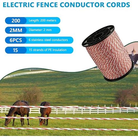 Corde de clôture de pâturage, chevaux, ruban de clôture avec 6 fils en acier inoxydable et 15 brins, corde tressée pour une utilisation dans les potagers, les pâturages et les cours (200M) (1/4)