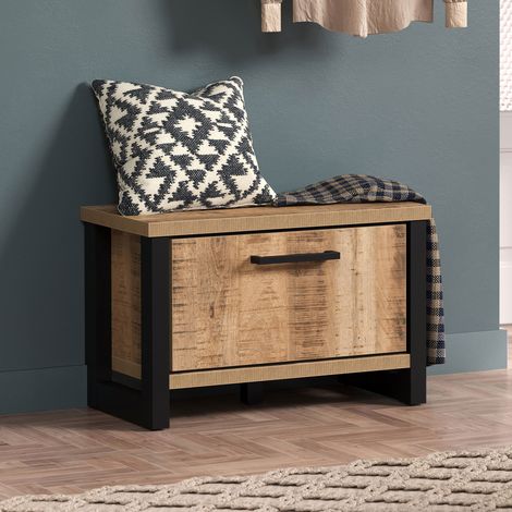M&S – Meuble à chaussures 1 tiroir 73x39x47 cm en panneaux de particules couleur chêne et noir – Pieds courts – Rangement opaque (1/4)