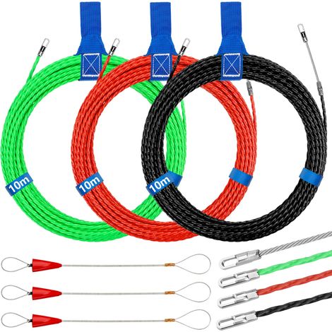 3 Pièces Aiguille Electricien, 10m Tire Fils Electrique 3mm Diamètre Aiguille Tire Fil, Tire Cable Électrique avec 6 Tête Flexible de Guidage, Aiguille Passe Cable, Vert, Rouge, Noir, Bleu (1/5)