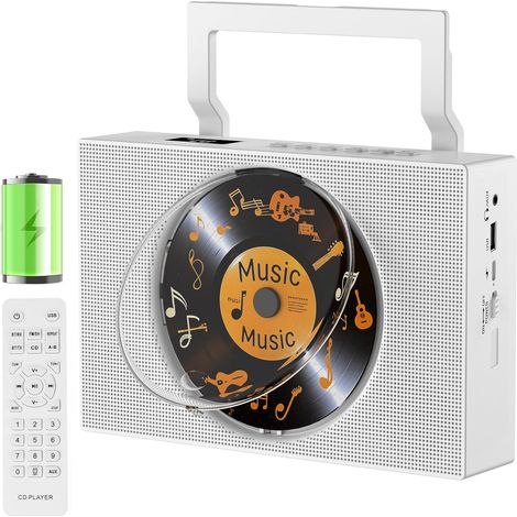 Lecteur CD portable Bluetooth, poignée, haut-parleurs, écran, télécommande, boucle, AUX, casque, FM, USB. (1/5)