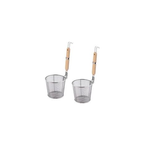 Set di 2 scolapasta in acciaio inox con manici in legno, ideali per bollire cibi, spaghetti, gnocchi (diametro 14 cm) - Crezuo (1/4)