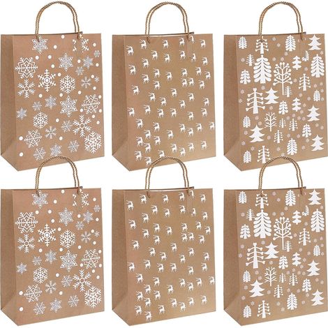 Lot De 6 Sac Cadeau Noel Grand Format, Pochette Cadeau Noel Avec Etiquette, Papier Kraft Sachet Avec Poignée Pour Emballage Cadeau Boite Paquet Bonbons Rangement, Vide Reutilisable (1/5)