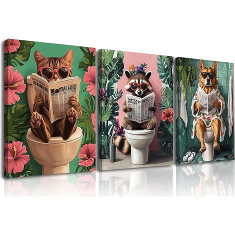 Peinture Moderne Tableau Mural, Colorée Impressions Sur Toile, Animaux Mignons Lire Les Journaux Des Toile d'Art Mura, 3x Tableaux Avec Cadre Intégré Pour Chambre à Coucher Salon Bureau, 30x40 cm (1/5)