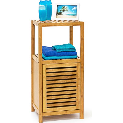 Relaxdays Estantería Baño de Bambú, 3 Estantes, 80x36,5x33 cm, con Puerta, Librería Madera, Baño y Salón, Marrón Natural