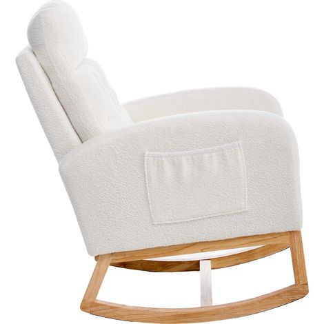 CHICFURN Fauteuil à bascule bouclette blanc avec repose-pieds réglable, poches latérales et structure en bois, chaise d'allaitement pour salon chambre (1/5)