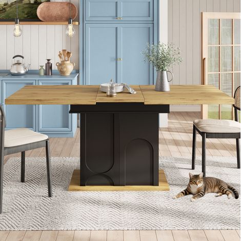 Mesa extensible 110-140 x 80 cm de MDF negro y natural, ahorra espacio, comedor FloraGrace (1/5)