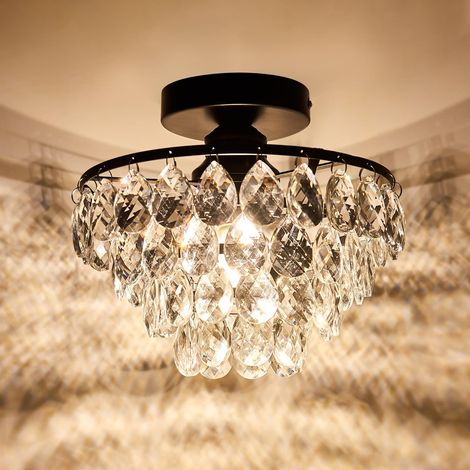 Plafonnier cristal noir mini semi-encastré – luminaire E27 élégant pour couloir, chambre, salle de bain et dressing (ampoule non incluse)