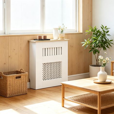 Cubierta blanca para radiador de 78 x 19 x 81 cm, diseño moderno con listones y patrón de panal. (1/5)