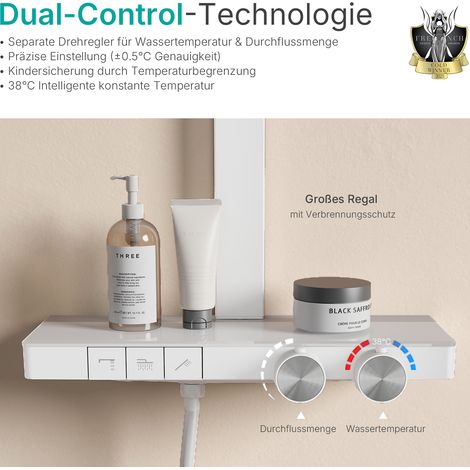 EMKE Thermostat-Duschsäule Weiß 36cm Regendusche 4-Strahler Handbrause Durchflussregelung 40cm Ablage Anti-Verbrühung (1/5)