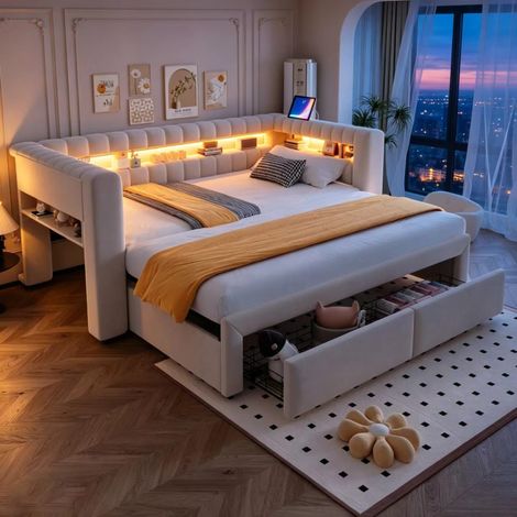 Canapé-lit convertible 90x190-180x190 cm Lit gigogne rembourré avec 2 places, 2 tiroirs, rangements, LED, USB et USB-C, sommier à lattes,velours beige (1/5)