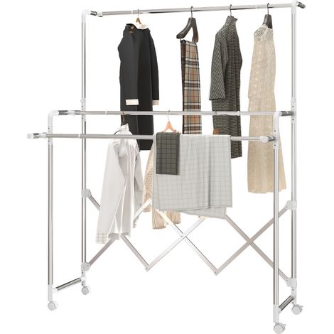 CHICFURN Tendedero torre plegable de acero inoxidable plateado, 150 x 103 x 197 cm, con ruedas (1/5)