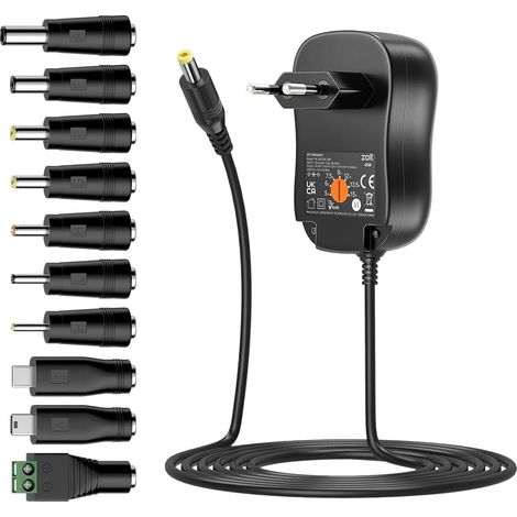 45W Adaptateur Secteur Universel AC DC 5V 6V 7.5V 9V 12V 13.5V 15V 3A Alimentation Adaptateur Multi-Tension avec Port USB 5V 2A et 10 Fiches CC, 3A Max. (1/5)