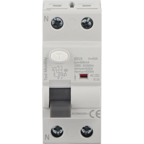 2-poliger Fehlerstromschutzschalter (FI-Schalter) 63 A 300 mA 230 V AC – Ableitstromschutz – Schutzart IP20 – 50/60 Hz (1/5)