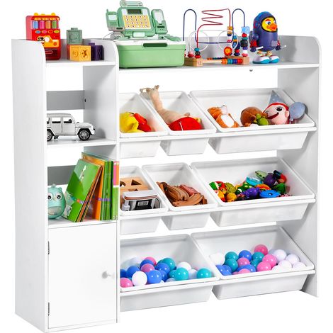 Meuble de rangement jouets enfant à 4 niveaux avec bibliothèque, étagère d'organisateur de jouets avec 8 bacs en plastique flexibles, pour salle d'étude, chambre, salle de jeux, crèche, blanc (1/5)