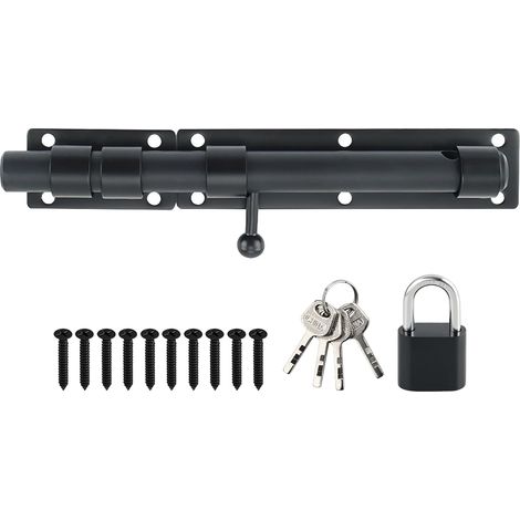 Loquet Porte Exterieur Verrou Porte Coulissante avec Cadenas et 4 Clés, Verrou Portail Robuste en Acier Inoxydable, 230MM Longueur, Noir Mat, EMST8100-B