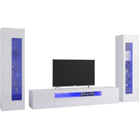 Dmora Modulares Wohnzimmer-Wandsystem, Made in Italy, TV-Ständer und Wohnwände, Modernes Wohnzimmer-Set, 300x40h162 cm, glänzende weiße Farbe, mit blauem LED-Licht