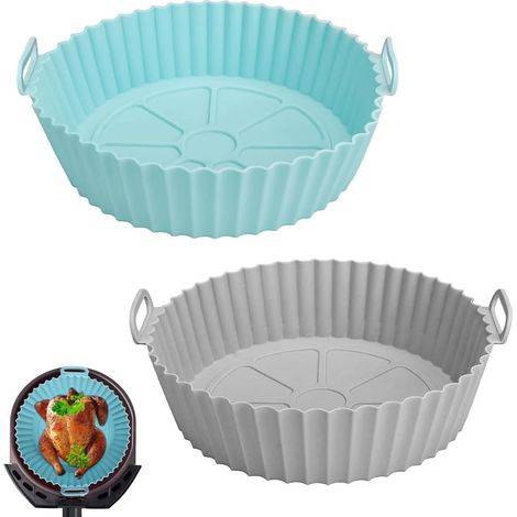 2 Pièces Moule Silicone pour Air Fryer, Pot Réutilisable pour Airfryer, Accessoires de Friteuse, Papier Cuisson pour Micro-Ondes(Gris, Vert) (1/5)