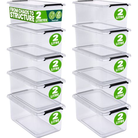 DEUBA® Storage Box With Click Closure Secure Lid 2 Litre and 5 Litre BPA Free Food-Safe Plastic Boxes Small Stackable Transparent Organisers for Kitchen Bedroom Garage Office 10x 2L (de)