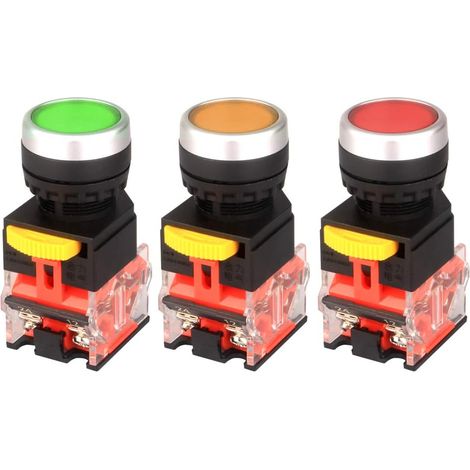 3pcs 22mm 10A 12V-24V-48V-110V-230V-380V 1NO 1NC DPST Commutateur Momentané - Bouton Poussoir Commutateur Momentané LA38-11BN(Rouge/Jaune/Vert) (1/2)