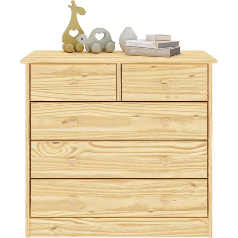 Idimex – Commode enfant en pin massif naturel – 5 tiroirs sur rails plastiques – Dimensions 74 x 79 x 35 cm (H x L x P)