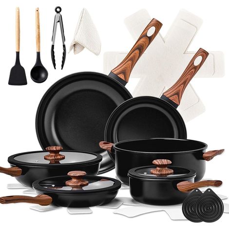 Batterie de Cuisine Induction 20 Pièces, Casserole Induction avec Poignée Bois Anti-Brûlure, Set de Casseroles et Poêles, 6 Casseroles, 3 Couvercles, Tout Feux, Antiadhésive, Noir
