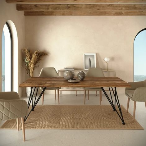 Tavolo rettangolare 180x90cm top in MDF 50mm effetto legno scuro e gambe in acciaio nero Bersi (1/4)