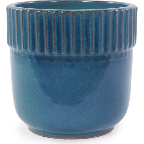 Vaso in ceramica artigianale Ø 38 cm turchese lucido con scanalature (1/5)