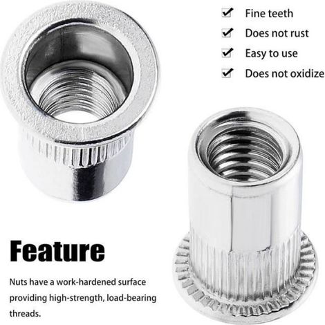 100 pièces M6 écrou à rivet fileté à tête plate, écrous à riveter fileter en acier inoxydable, inserts filetés (12 mm 15 mm) (1/4)