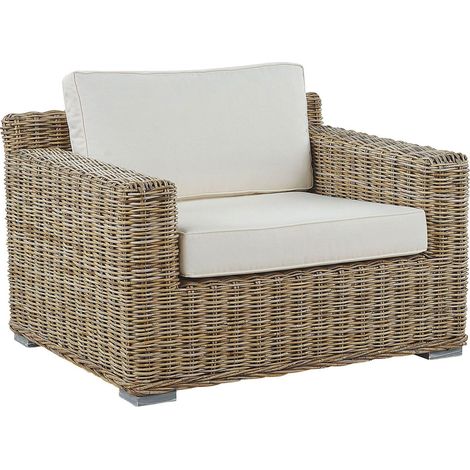 Fauteuil de Jardin en Rotin Marron avec Coussins Blanc Cassé pour Extérieur au Style Boho et Oriental Beliani