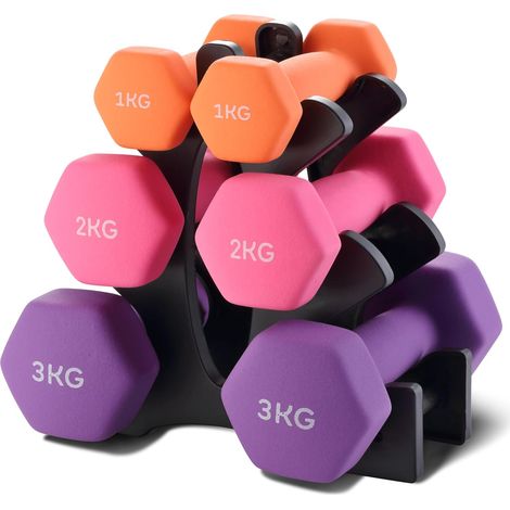 Teeno – Haltères en néoprène 6 pièces avec support – 2 x 1 kg, 2 x 2 kg, 2 x 3 kg – Surface résistante à l'eau – Entraînement de force à domicile