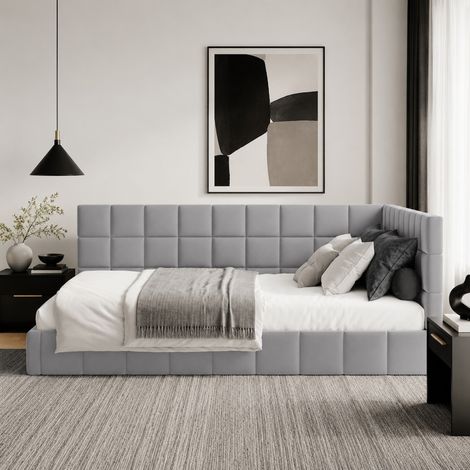 Cama diván 140x200 cm de tela gris con somier de láminas, sin colchón - CHICFURN (1/5)